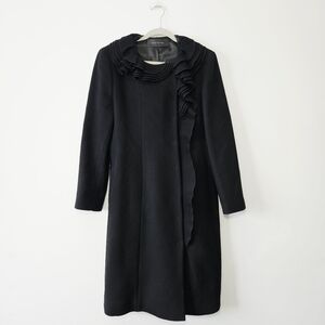 Elie Tahari Ruffle Neckline 100% Wool Coat Size L Black Overcoat EUC